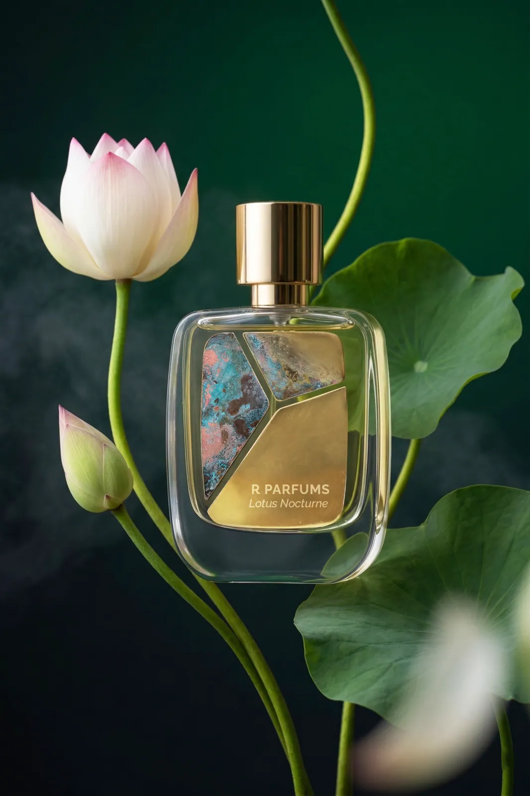 R Parfums Lotus Nocturne 병과 황동 파티나 판, 짙은 초록 배경 위 흰 분홍빛 연꽃과 연잎