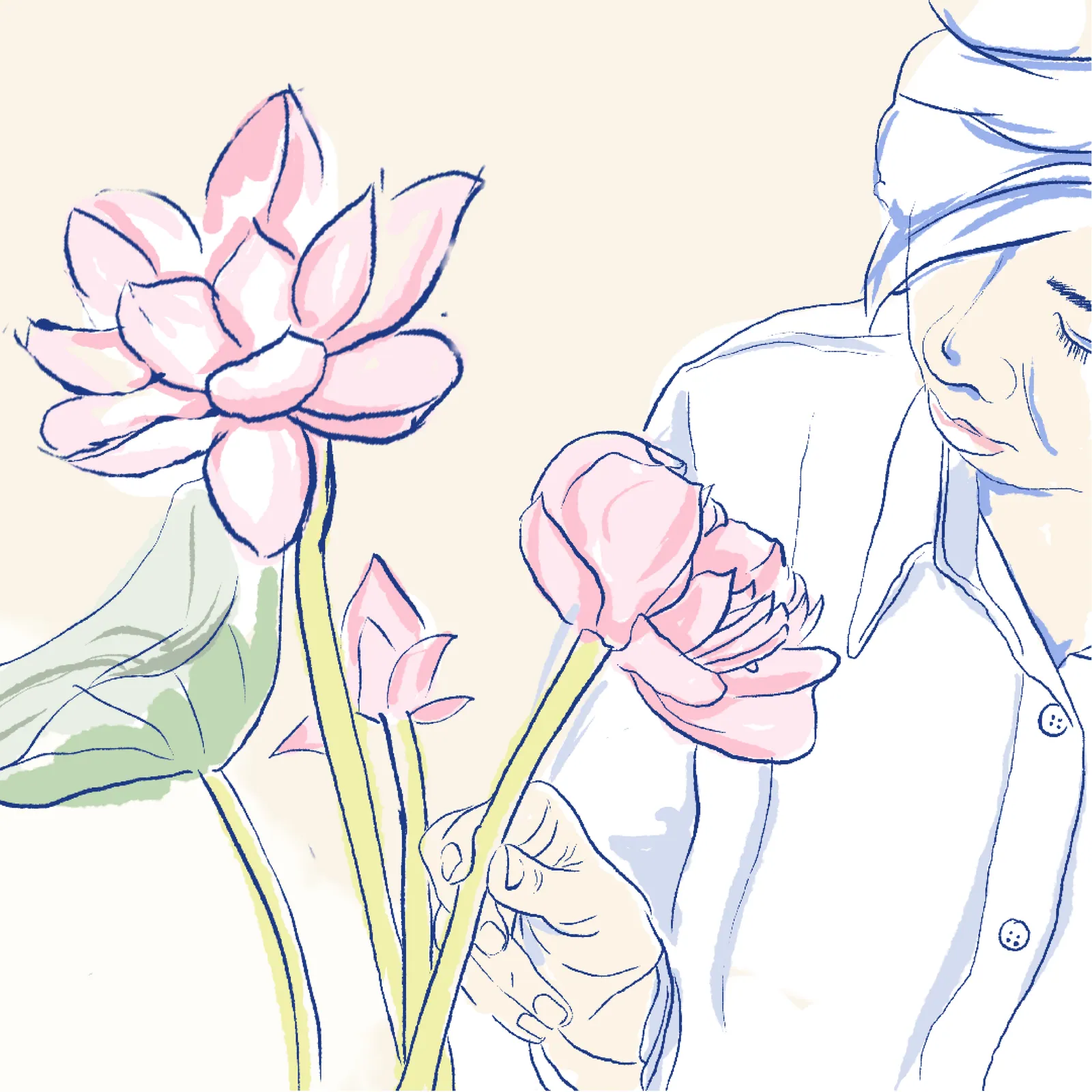 Line illustration: a figure in a white shirt bends to smell a pink lotus held in hand