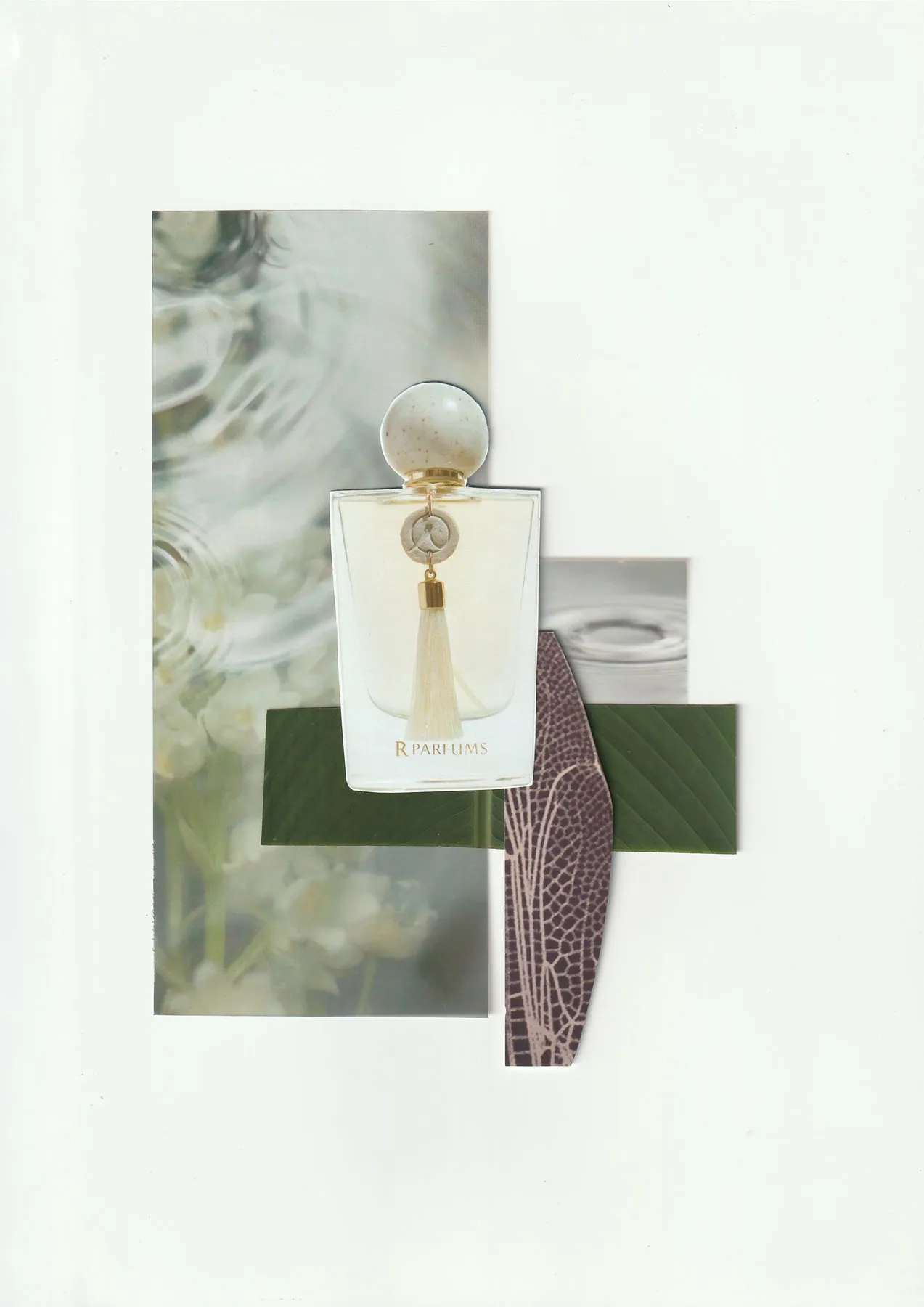 Collage Pluviophile : un flacon en céramique, des gouttes d’eau et une aile de libellule