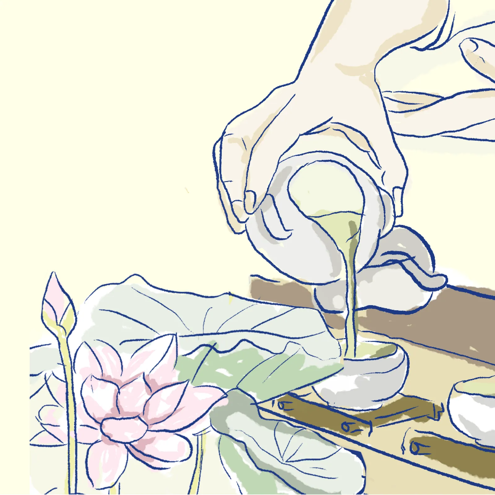 Line illustration: a hand pours green tea from a porcelain pot into a cup beside lotus blooms