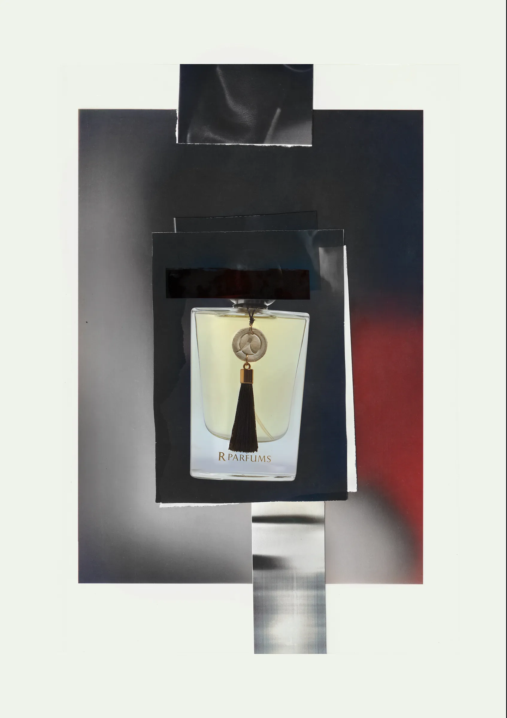 Shadow Éclat in the Ceramic bottle with a black tassel, in a collage of dark and silver photographs