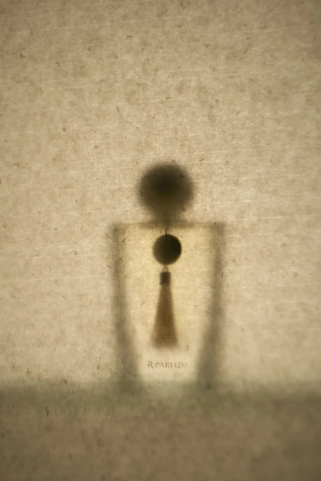 The silhouette of a bottle with a round cap and a tassel, seen as a shadow behind a translucent sheet