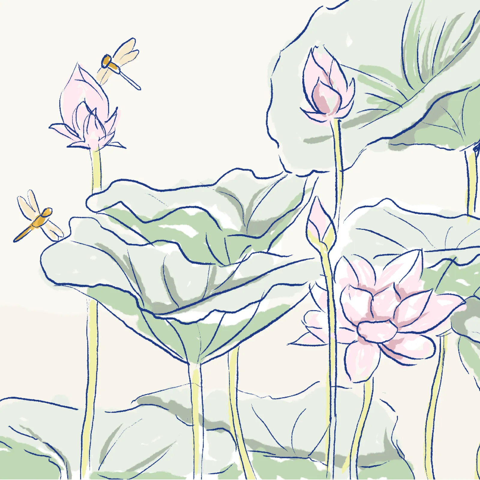 Illustration of a lotus pond: green leaves, pink buds and blooms, two dragonflies in flight