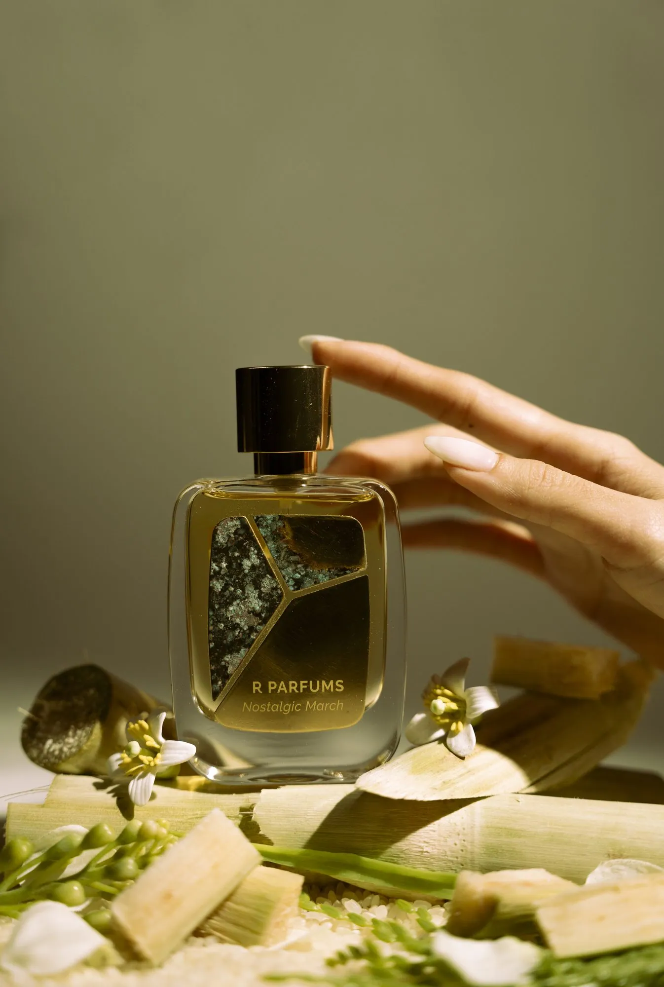 A hand reaches for the cap of a Nostalgic March Patina bottle; split sugarcane, small white blossoms and green sprigs in front, an olive-green wall behind