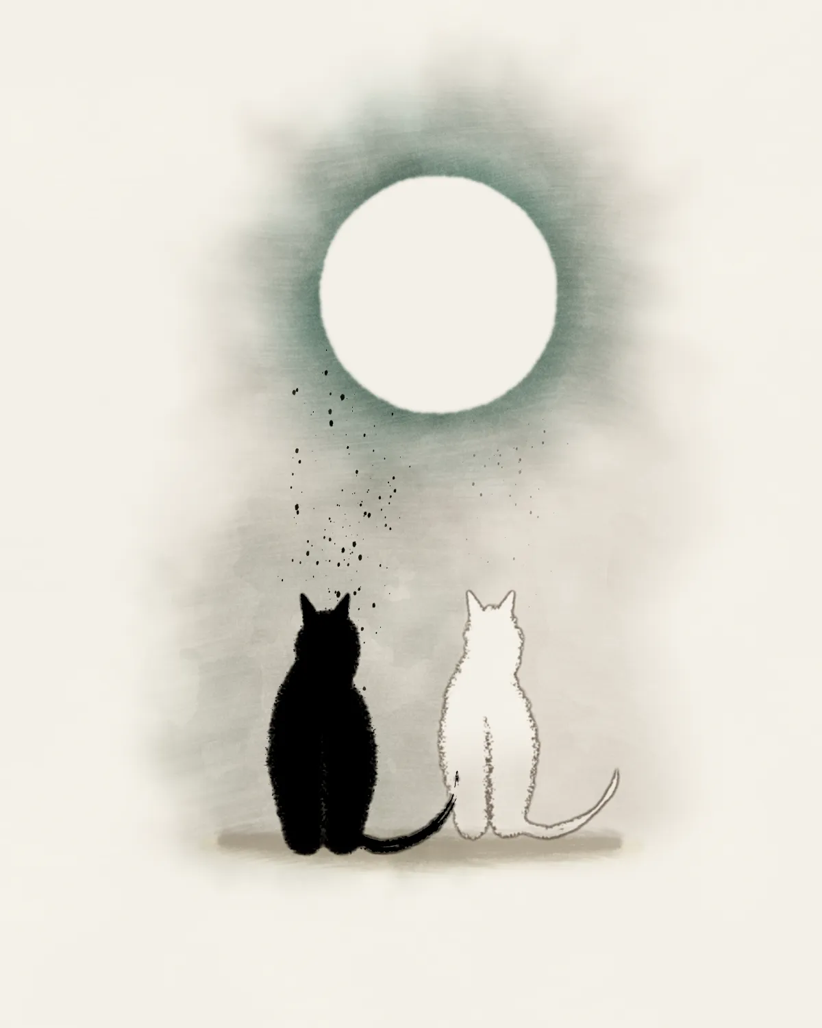 直幅水墨画：两只猫背对观者并肩而坐——一只纯黑，一只留白只以淡墨勾边，圆头、三角耳——仰望留白的满月。月周一圈淡淡的蓝灰月晕均匀晕开，黑猫背上扬起细小的墨点。