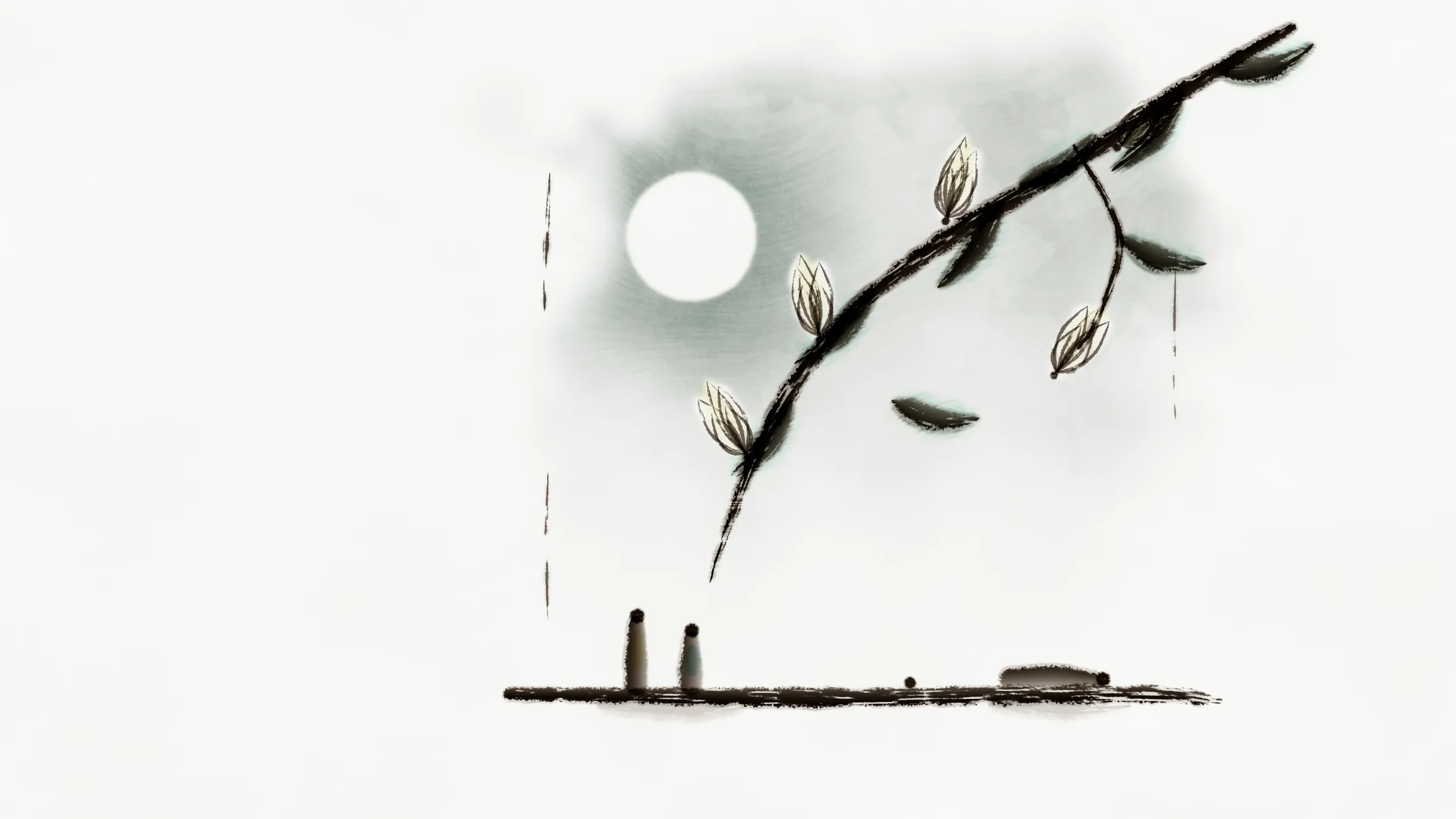 水墨画：几道细而断续的笔触暗示一扇敞开的窗，窗外是微带淡蓝的淡墨夜空与一轮留白的小月。一枝玉兰自右上伸入，花苞只勾白边、叶色深沉；窗台上几个小瓶零乱，其中一瓶侧倒。
