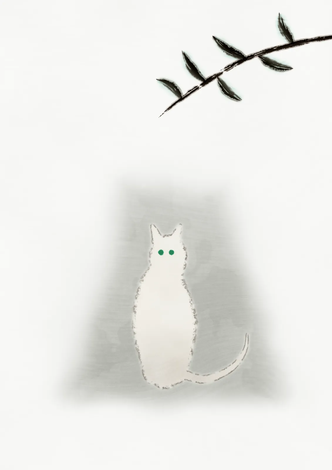 直幅水墨画：一只象牙白的猫面向观者而坐——身体留白，只以极淡、断续如枯笔的灰线勾边，圆头、三角耳，没有五官，只有两点绿色的眼睛，尾巴向前卷起。脚下一片窗形的淡灰影子柔柔晕在地上，右上一根玉兰小枝带几片浓墨叶子。