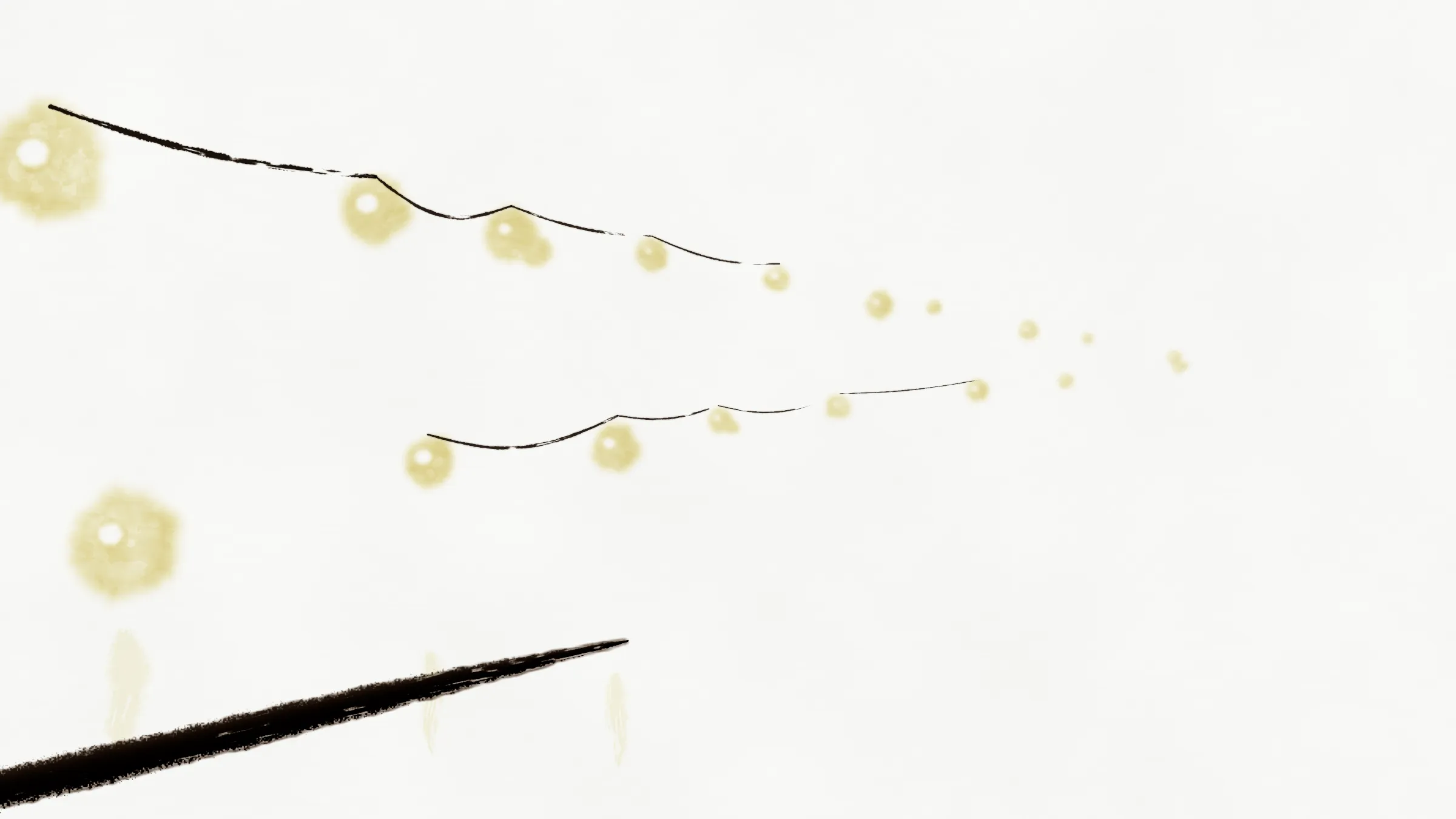 横幅水墨画：两串黄铜色晕开的光点悬在下垂、断续的墨线上，近处的大而浓，远处渐小，聚向右侧一点，每团光都留一点纸白。下方湿漉漉的街面映着几道极淡的光影，左下角一笔浓墨横过。