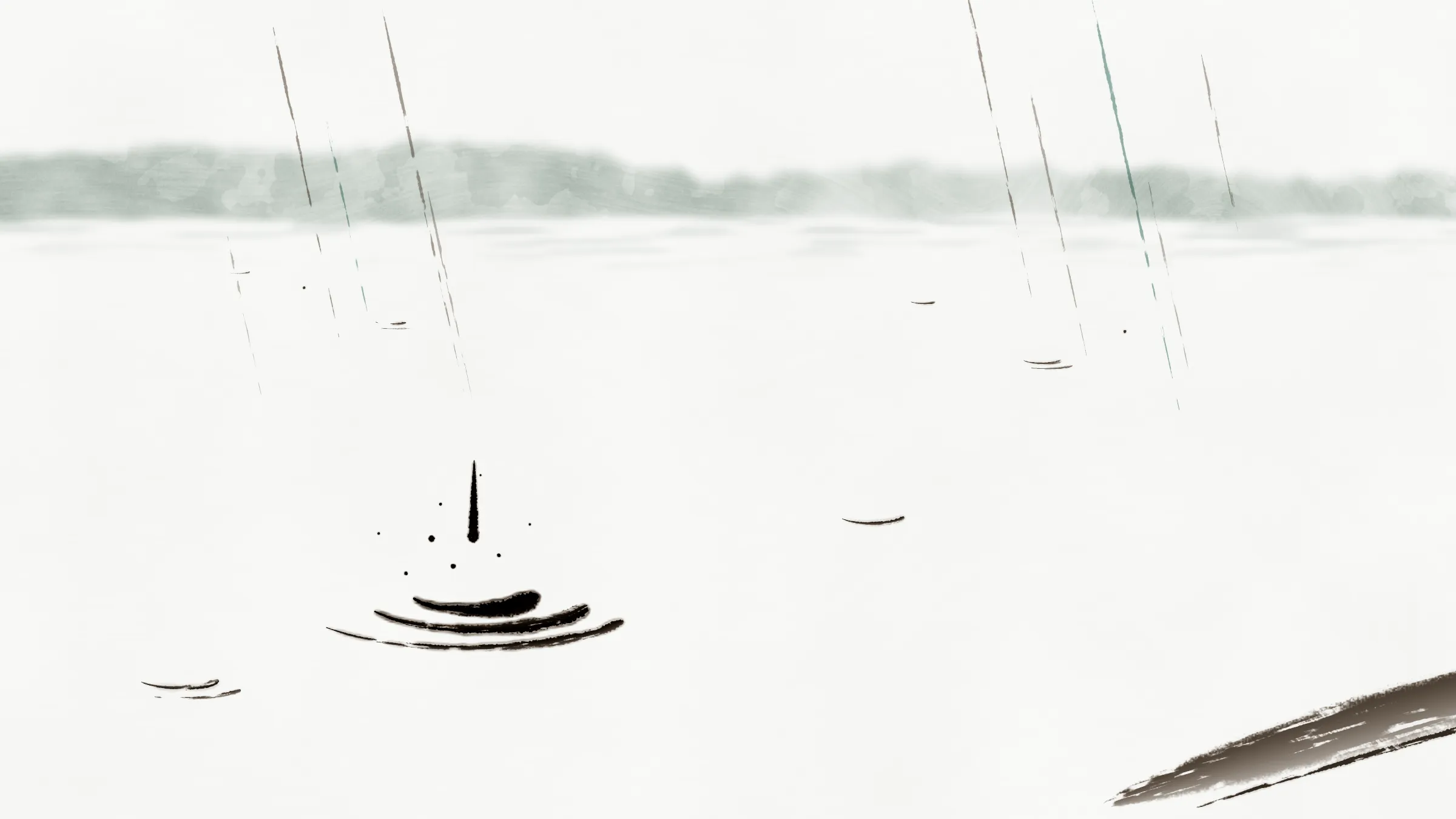 横幅水墨画：雨中的湖面留白，对岸是一道带淡绿的灰色墨晕树林，几笔细细斜落的雨。一滴雨刚落入水中，化作三道浓墨弧线与几点飞溅，细小涟漪远近散落，右下角一块木长椅的椅板斜斜伸入画面。