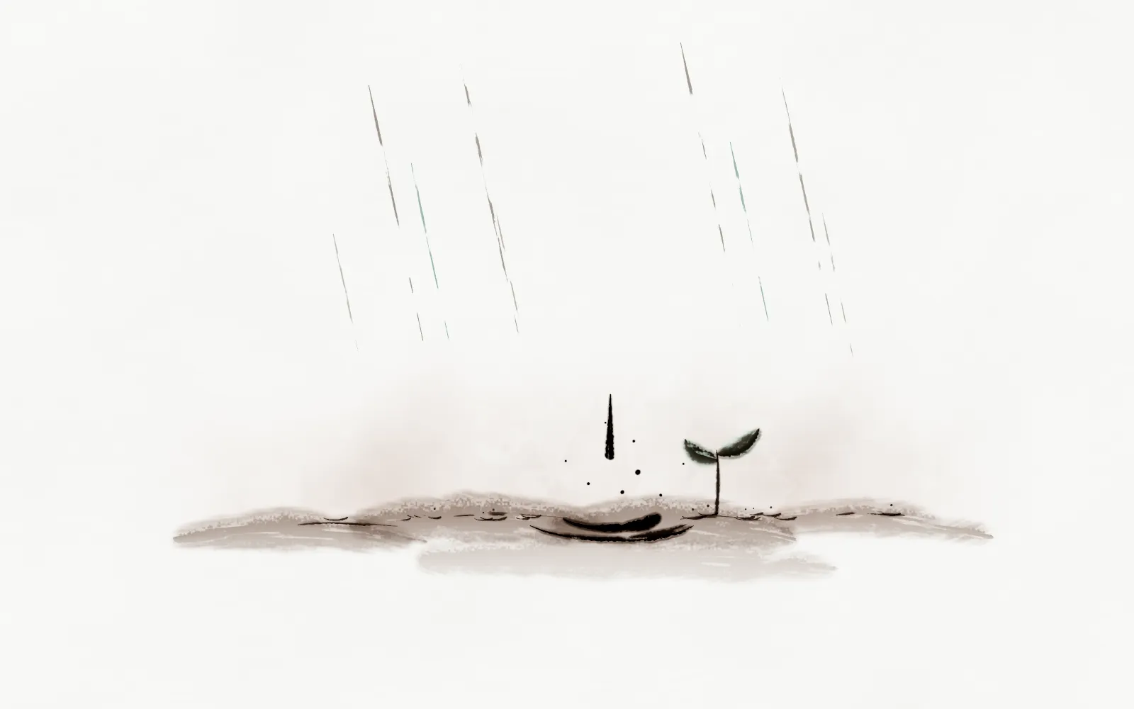 横幅水墨画：几笔细细斜落的雨，落在一道以湿笔扫出的灰褐色湿土上，地面上方浮起一层淡淡的暖色氤氲。一滴雨直直落在土上，化作两道浓墨弧线与几点飞溅，旁边一株浓墨微带绿意的双叶嫩芽刚刚冒出。