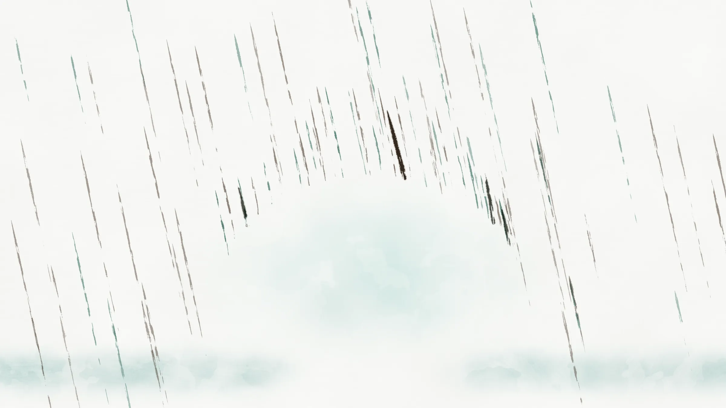 横幅水墨画：墨色与青绿色的细斜雨丝落满画面，却在中央一片留白的穹顶周围停住，留下一块一直延伸到地面的穹顶形干燥空间。穹顶下是一抹极淡的青绿，两旁的湿地晕开青绿。
