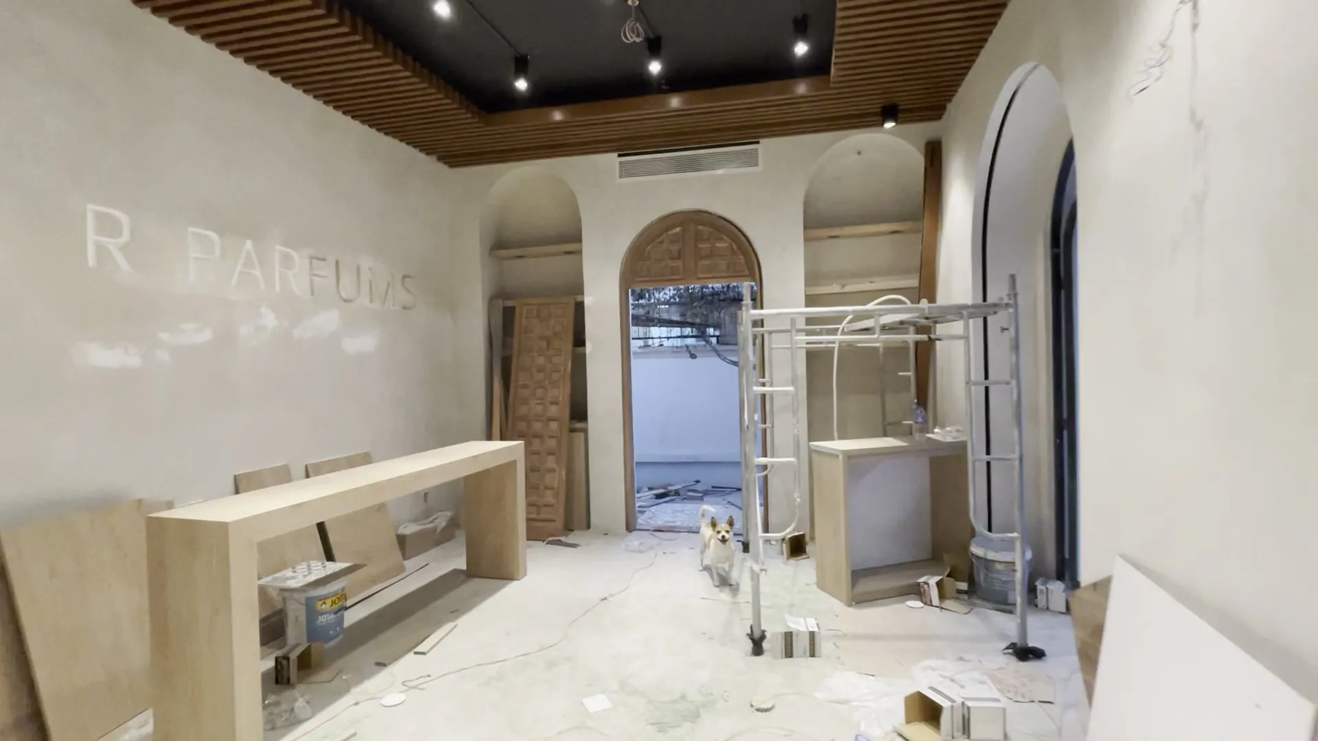 Interior nearly finished: a black ceiling edged with wooden slats, spotlights, R PARFUMS recessed into the wall, a pale wooden counter, a wooden arched door at the end of the room; scaffolding and boards still on the floor, a small dog standing in the middle of the room