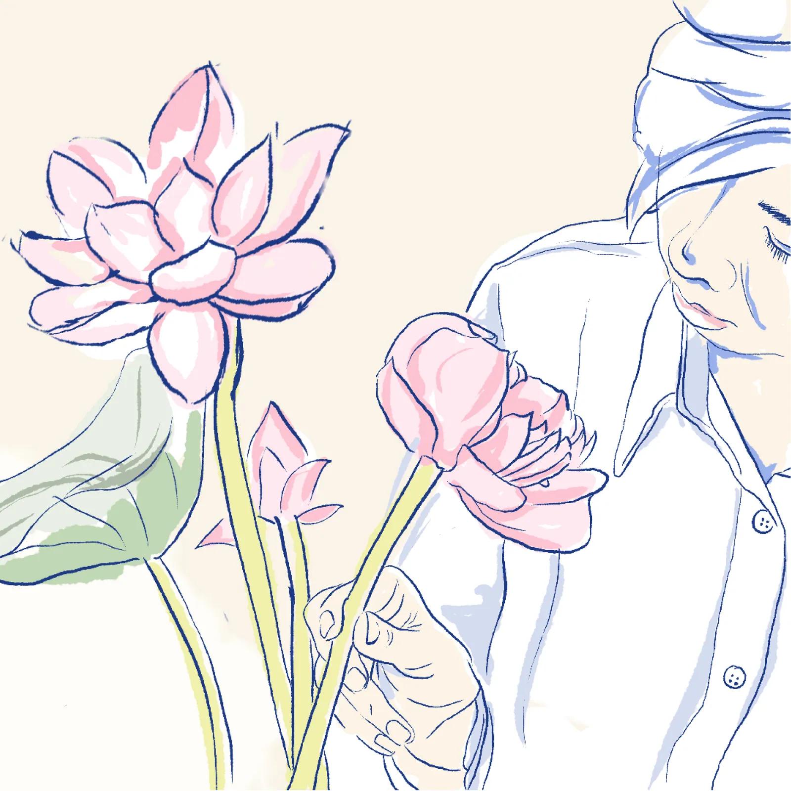 Line illustration: a figure in a white shirt bends to smell a pink lotus held in hand