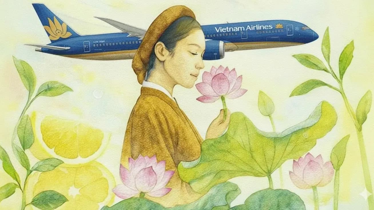 水彩画中头裹包巾的少女嗅闻莲花，身后是一架越南航空客机。