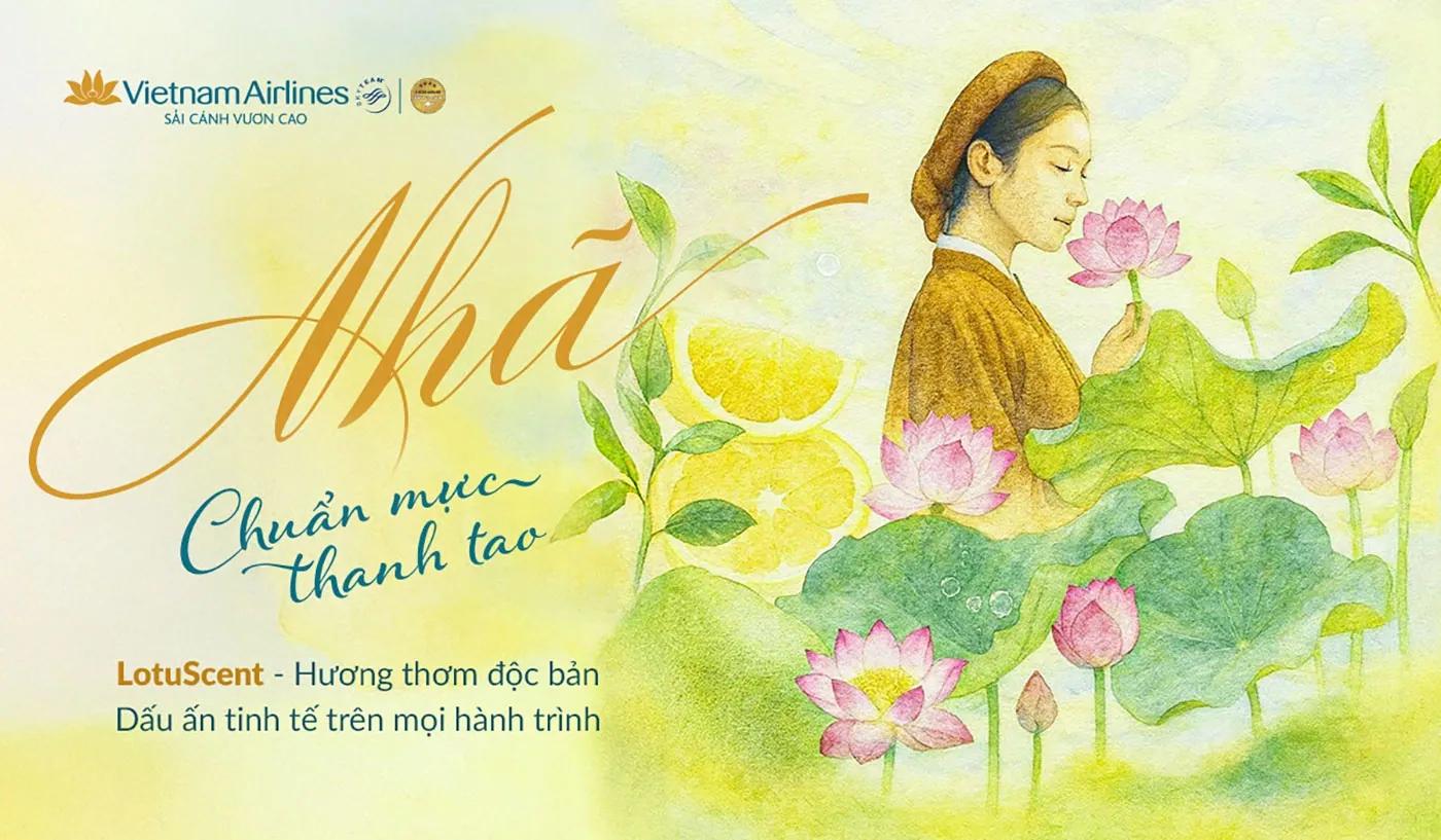 Vietnam Airlines poster for Nhã, LotuScent: watercolour of a woman in a headwrap smelling a lotus