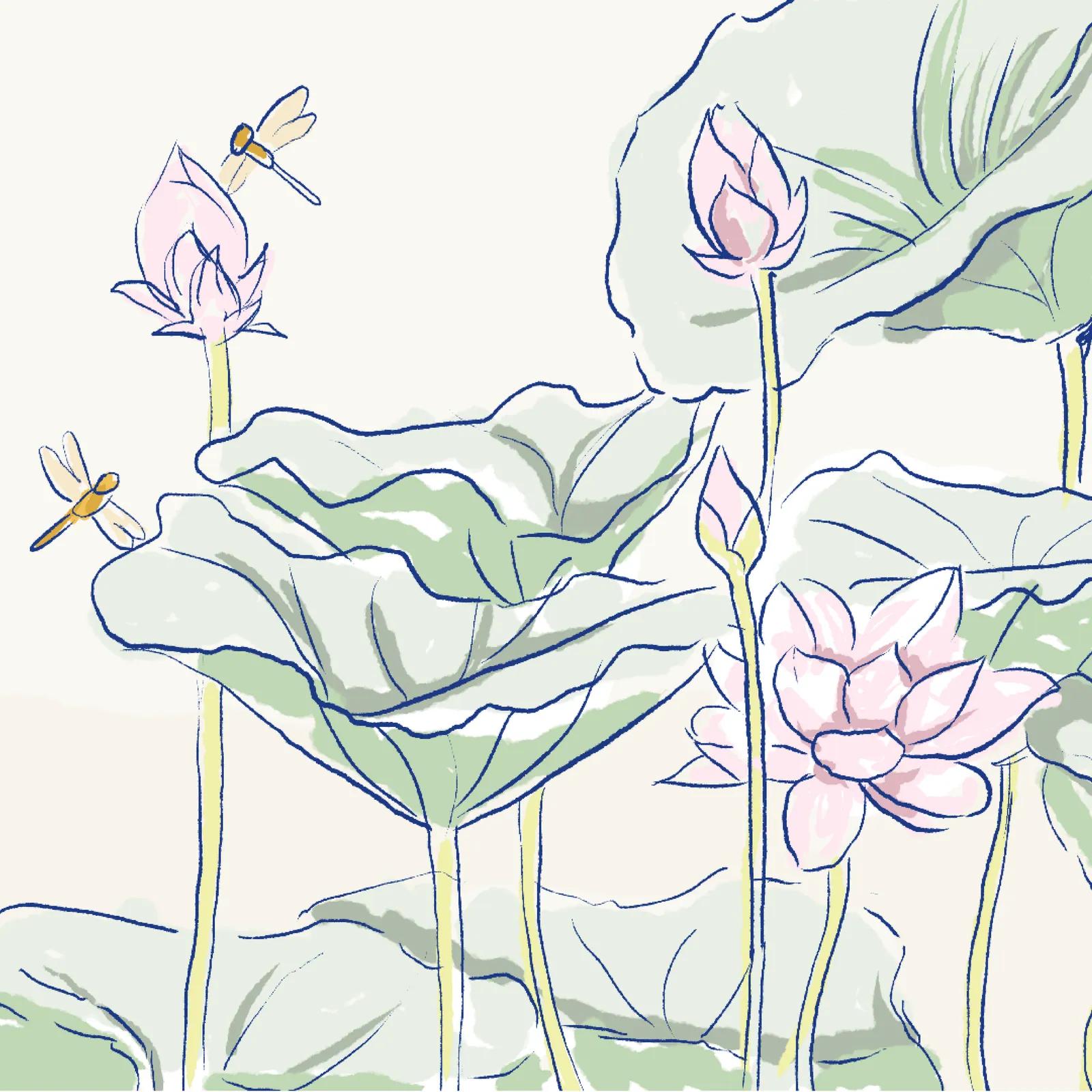 Illustration of a lotus pond: green leaves, pink buds and blooms, two dragonflies in flight