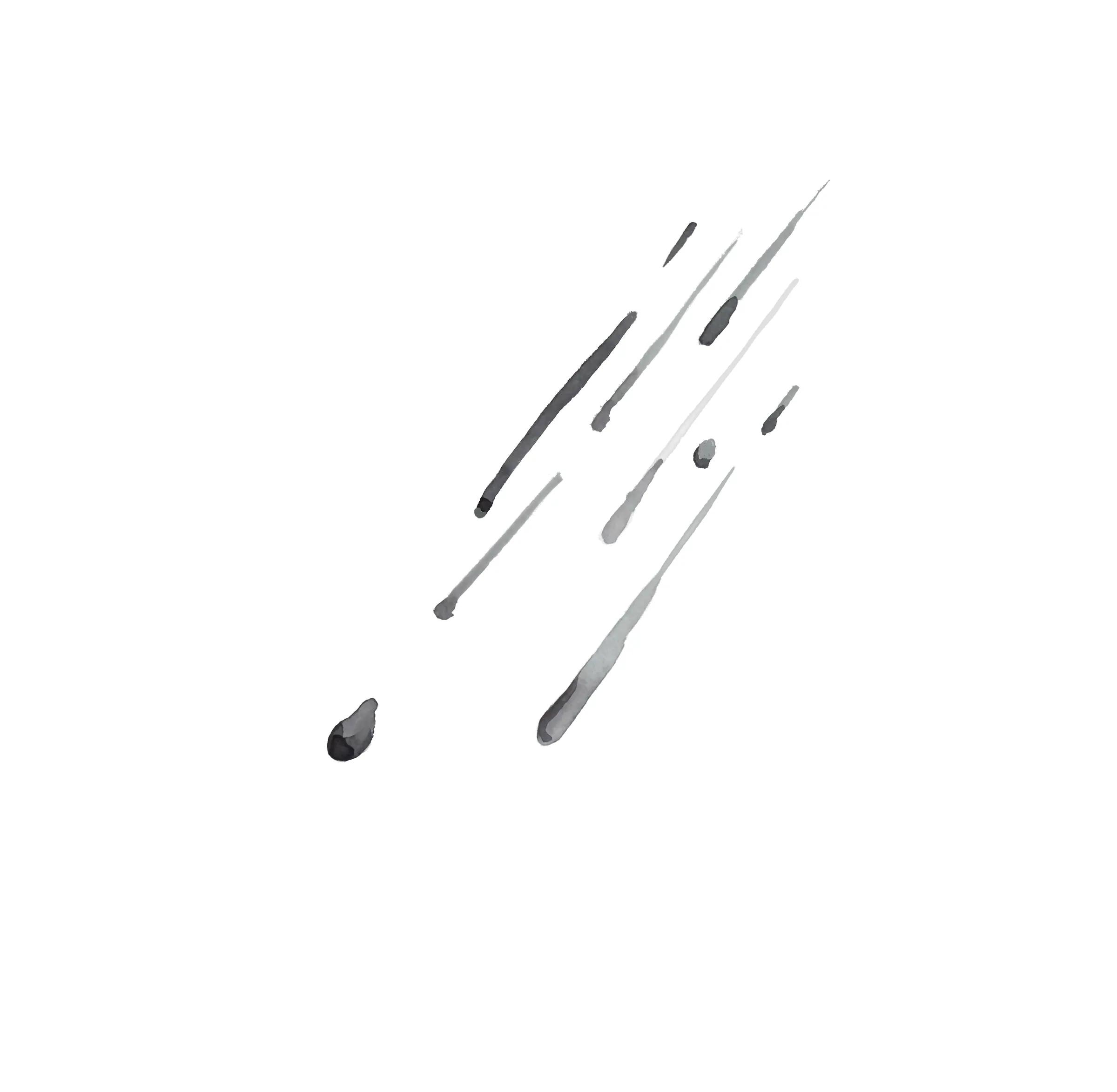 Dessin à l’encre : des traînées de pluie obliques, et une goutte ronde qui tombe en dernier.