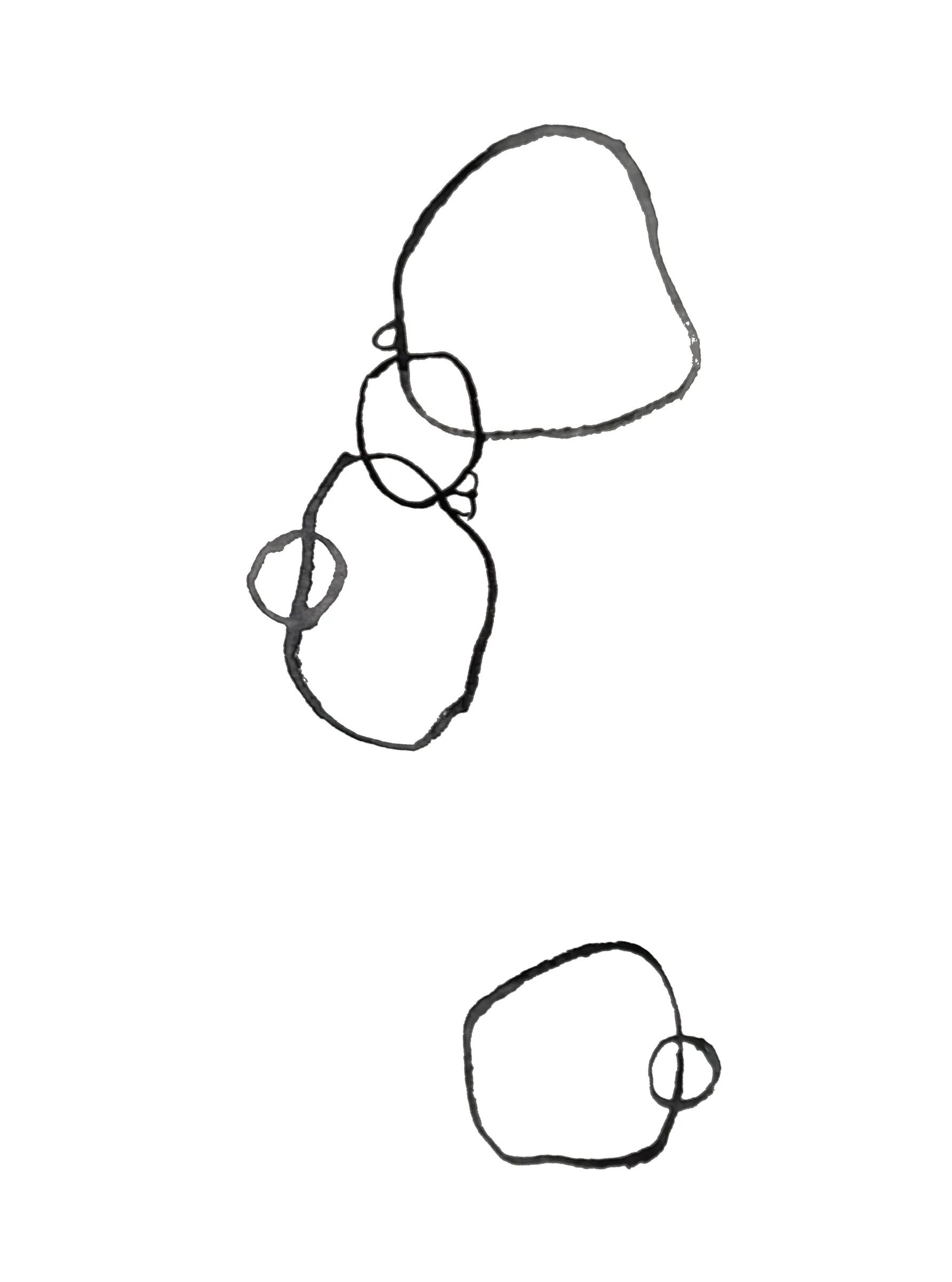 Dessin à l’encre : des boucles d’encre comme des gouttes d’eau qui se rassemblent, une goutte à part, plus bas.