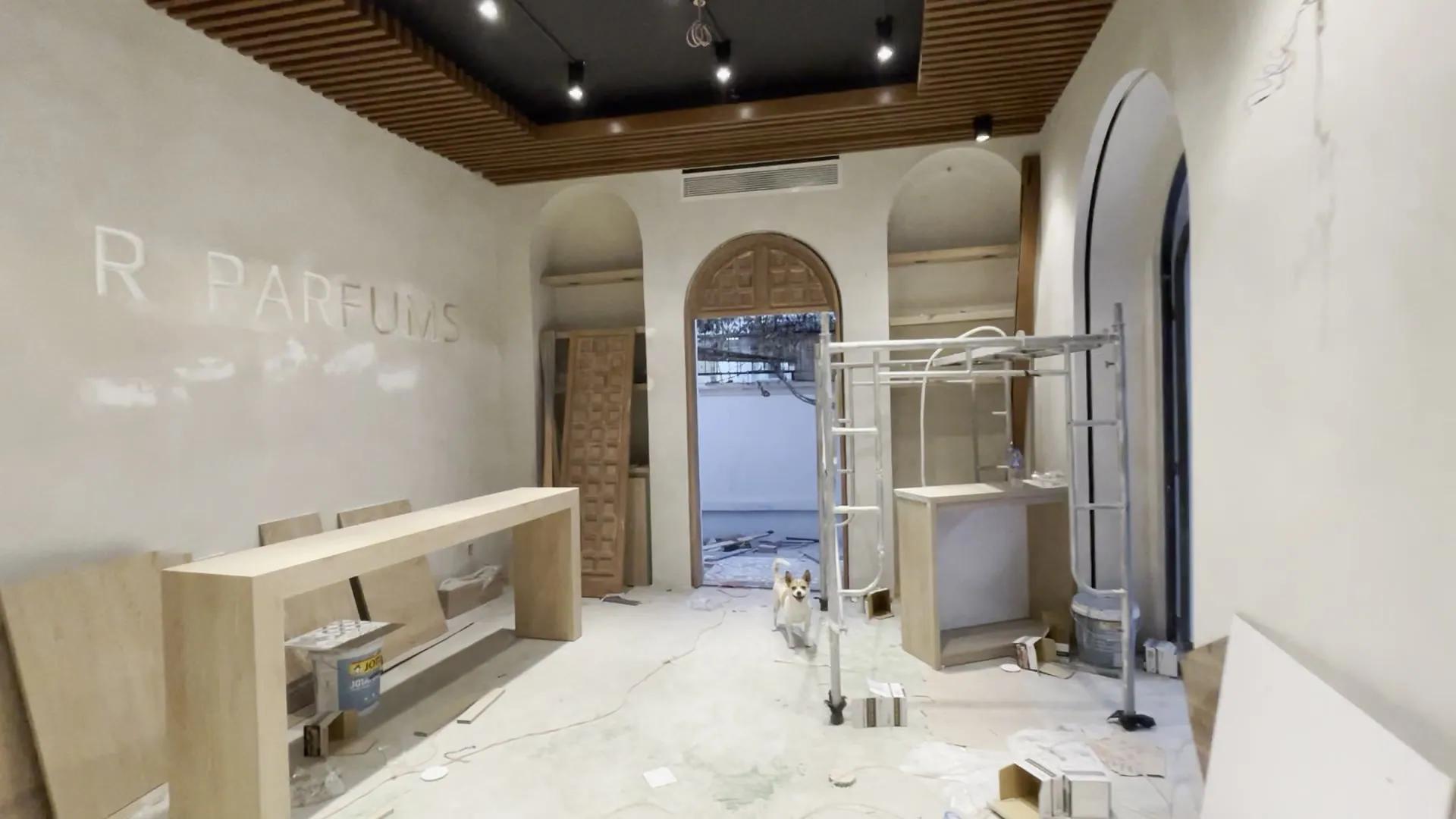 Interior nearly finished: a black ceiling edged with wooden slats, spotlights, R PARFUMS recessed into the wall, a pale wooden counter, a wooden arched door at the end of the room; scaffolding and boards still on the floor, a small dog standing in the middle of the room