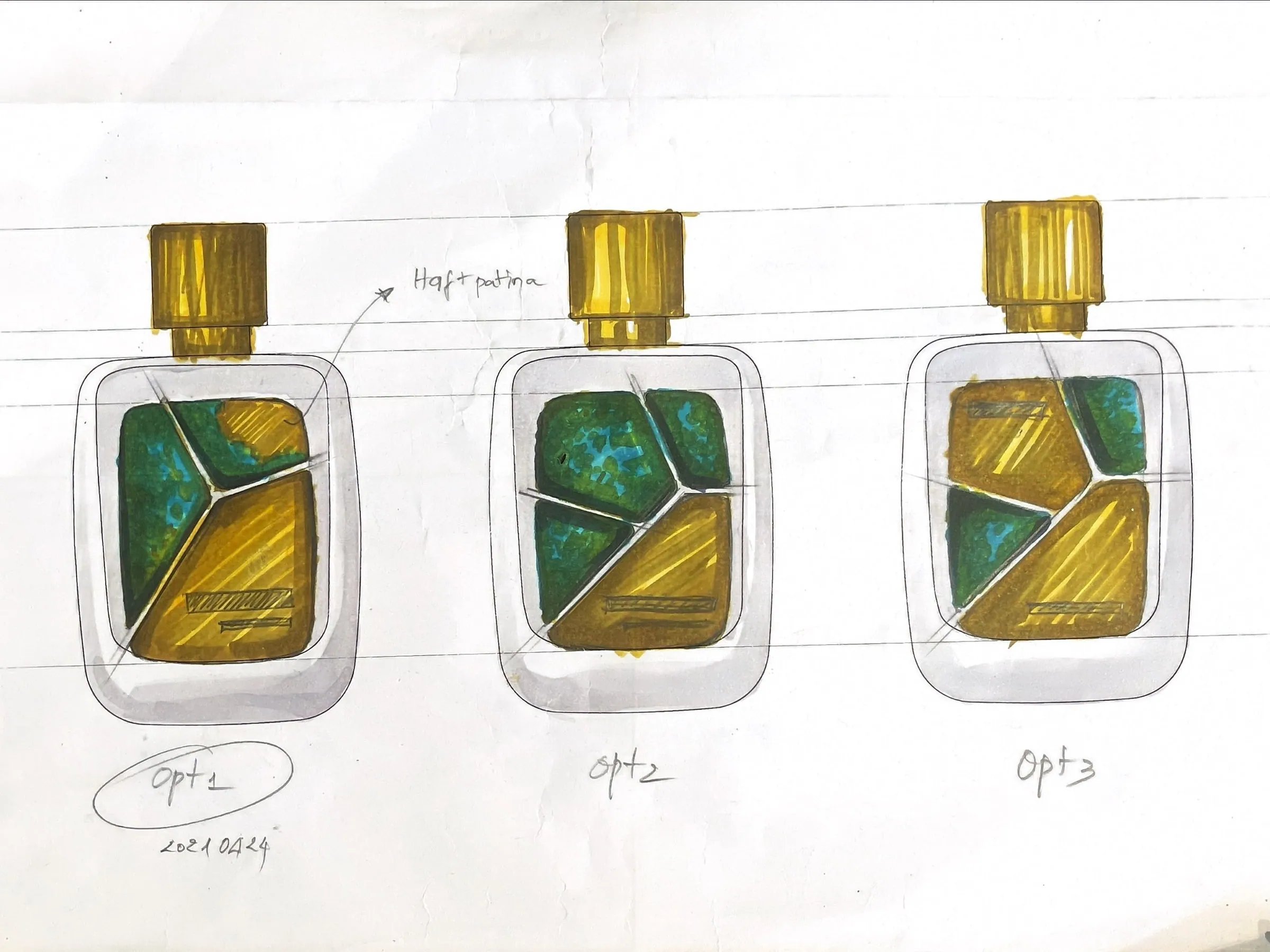 Tatlong pagpipilian para sa platong Patina, iginuhit sa color marker sa papel na may linya: tatlong boteng magkakatabi, bawat plato’y may laton at patina; nakabilog ang pagpipilian 1 at may petsang 2021 04 24