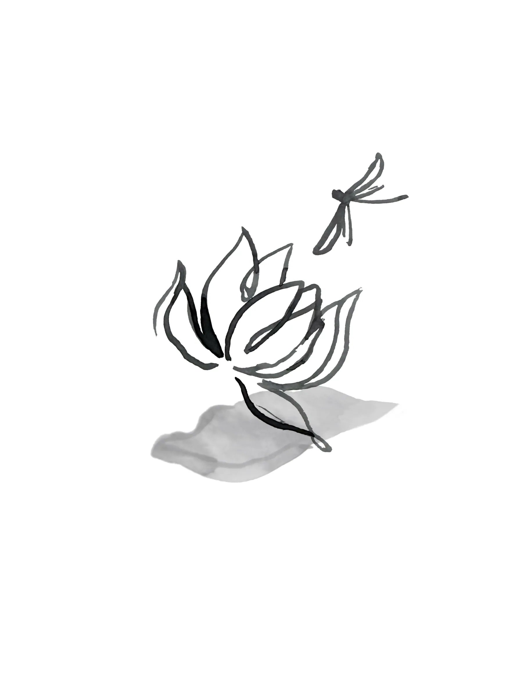 4번 향을 위한 먹 그림: 활짝 핀 연꽃과 그 위를 맴도는 잠자리